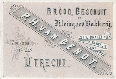 710656 Visitekaartje van P.H. van Gendt, Brood, Beschuit en Kleingoed Bakkerij, Zonstraat G. 442 te Utrecht.N.B. Het ...